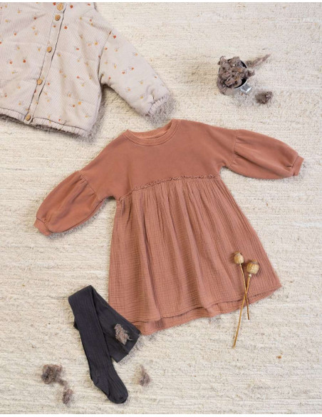VESTIDO NIÑA TEJIDOS COMBINADOS ALGODÓN ORGÁNICO - CALDERO